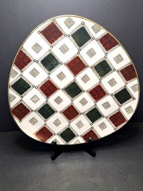 Vintage Bavaria Porcelain Guitar Pick Shaped Plate Red Green Gold Pattern 1950s